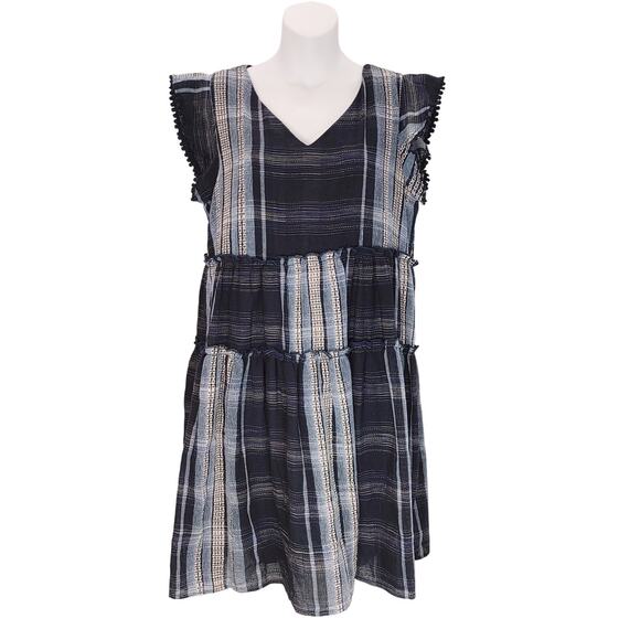THML Pompom Short Sleeve Patchwork Boho Dress Navy Womens Size Medium Bohemian - Picture 1 of 7